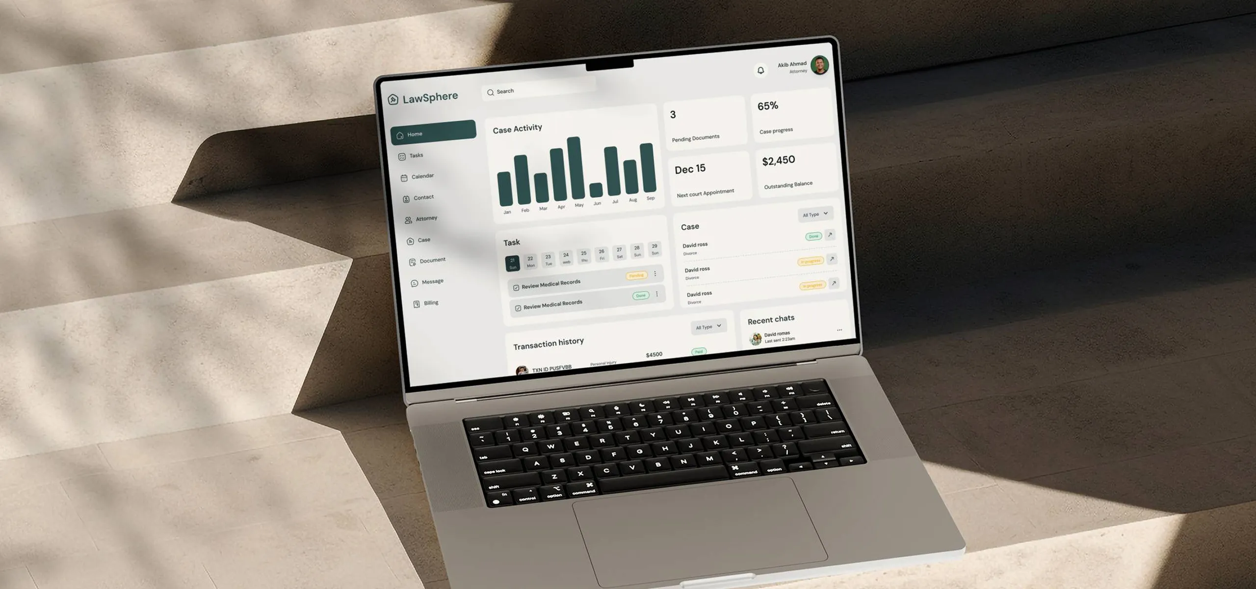 legal case management dashboard home