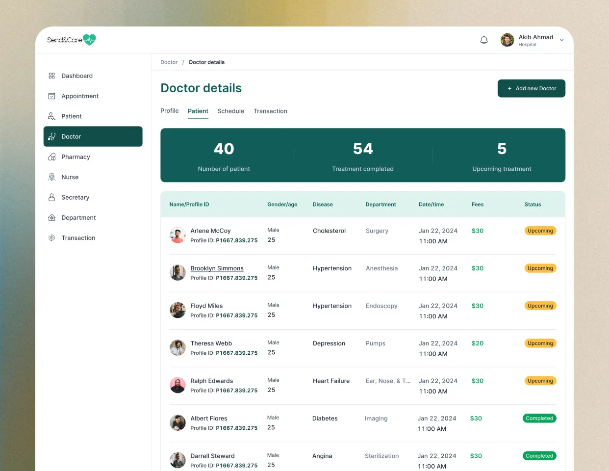 healthcare dashboard doctor list