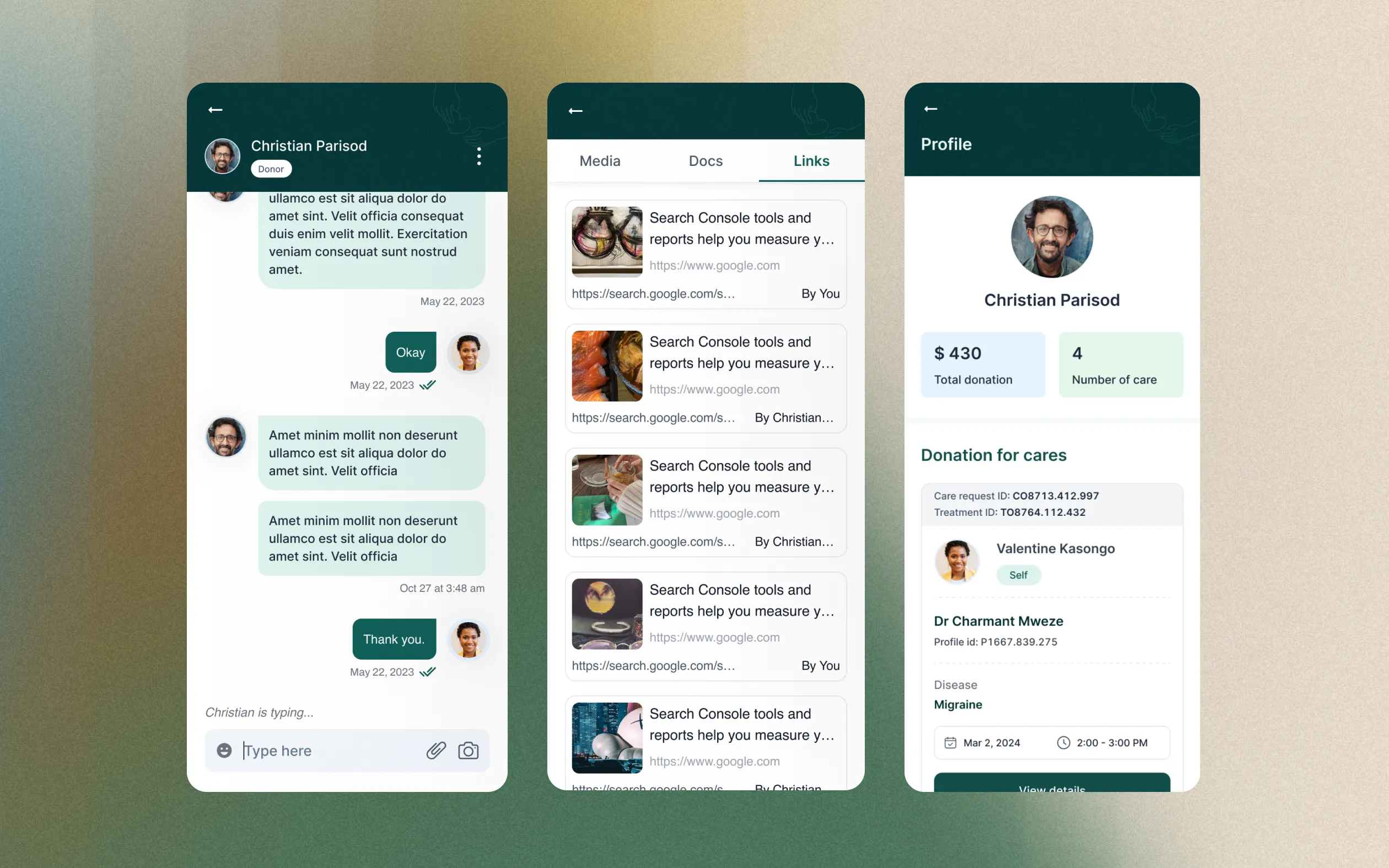 healthcare app chat history and profile