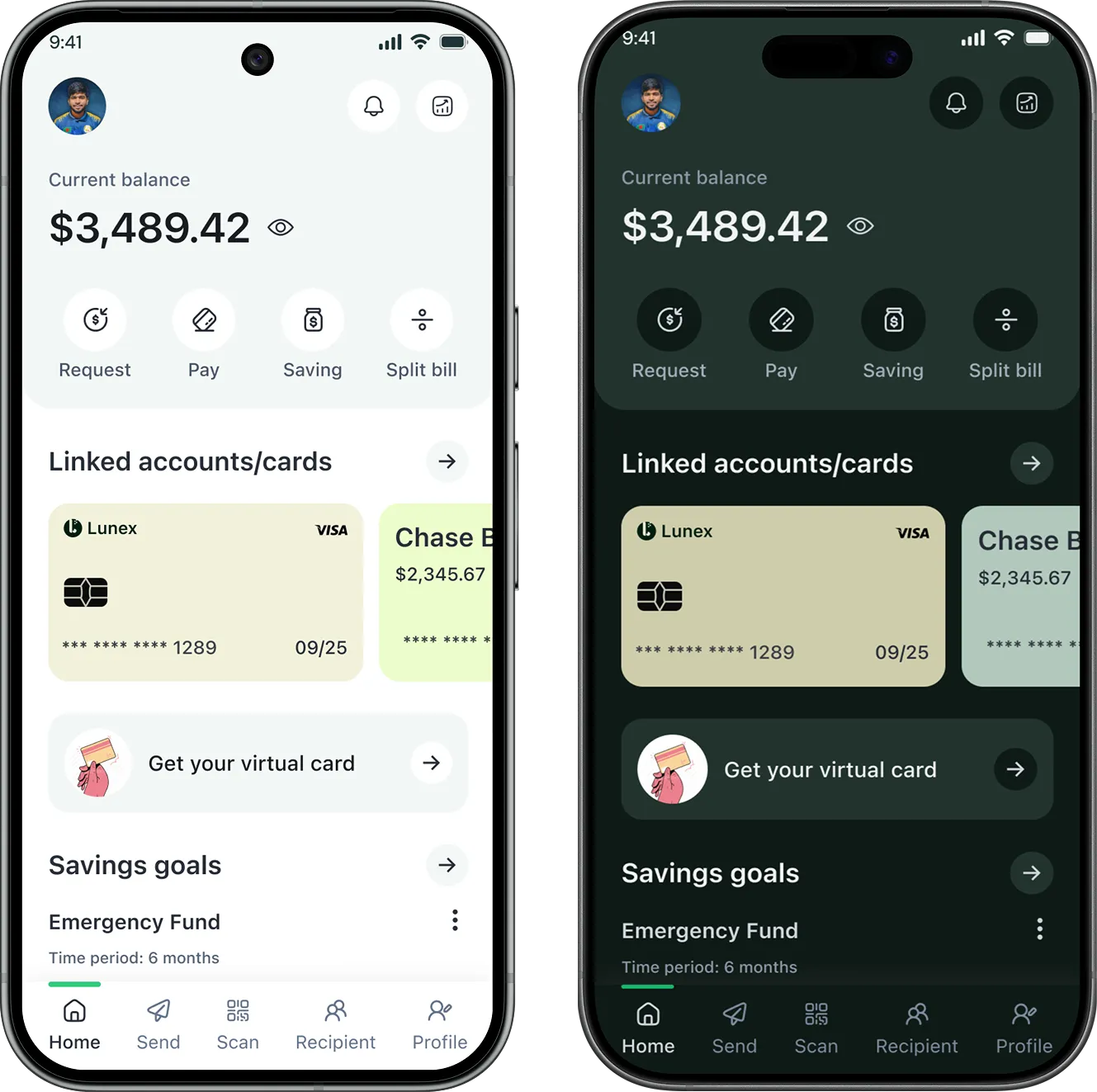 fintech mobile app home page design - light and dark