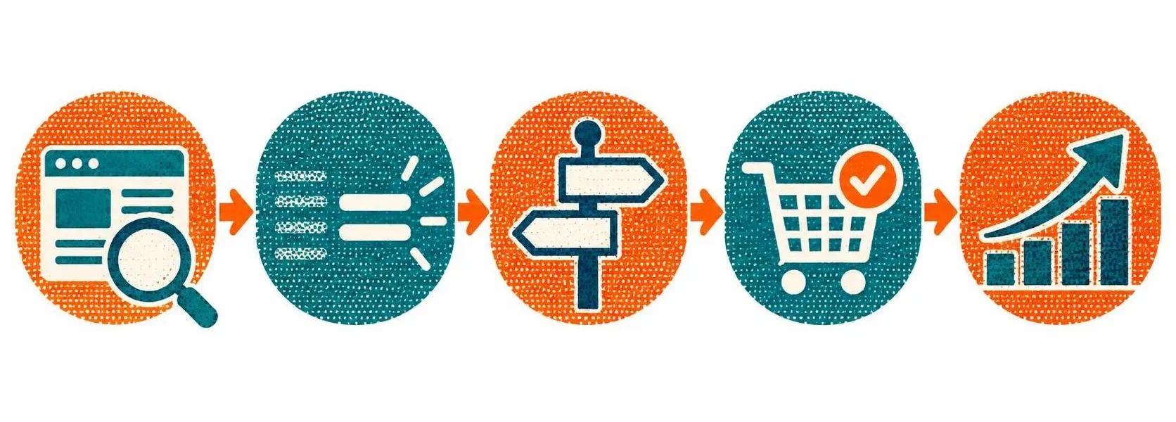 Ecommerce redesign stages illustrated through website analysis, navigation, checkout, and growth icons