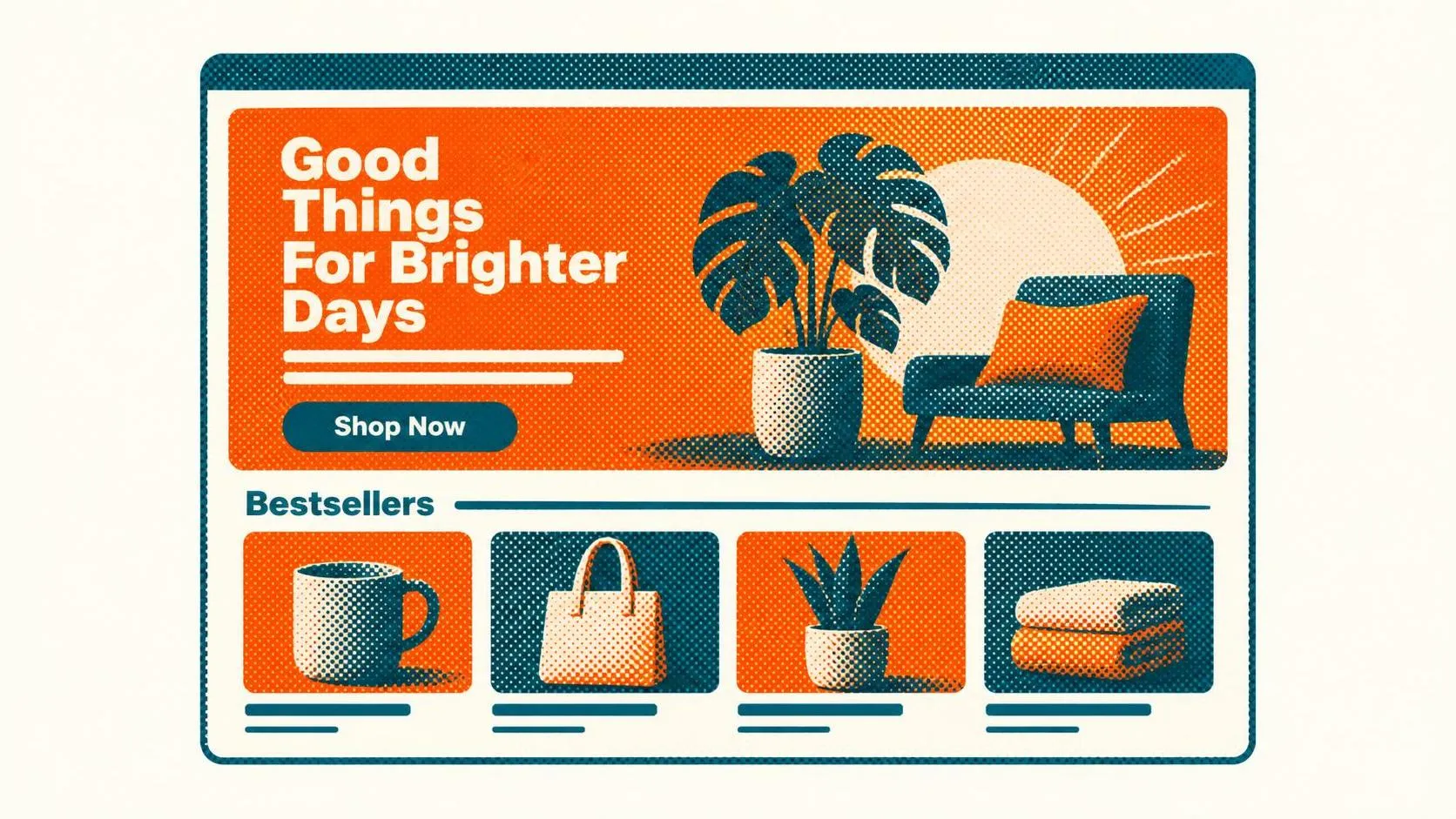 Ecommerce homepage design with a prominent Shop Now button and bestseller products