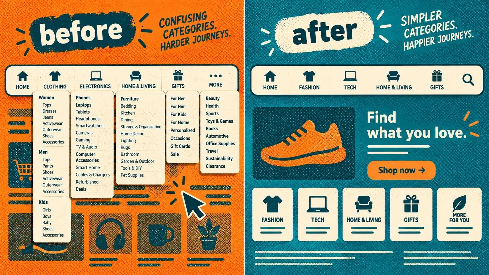 Before-and-after ecommerce navigation redesign showing simplified product categories and search