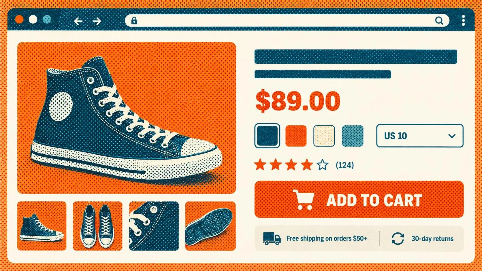 Ecommerce product page design with shoe photos, size options, reviews, shipping details, and Add to Cart button