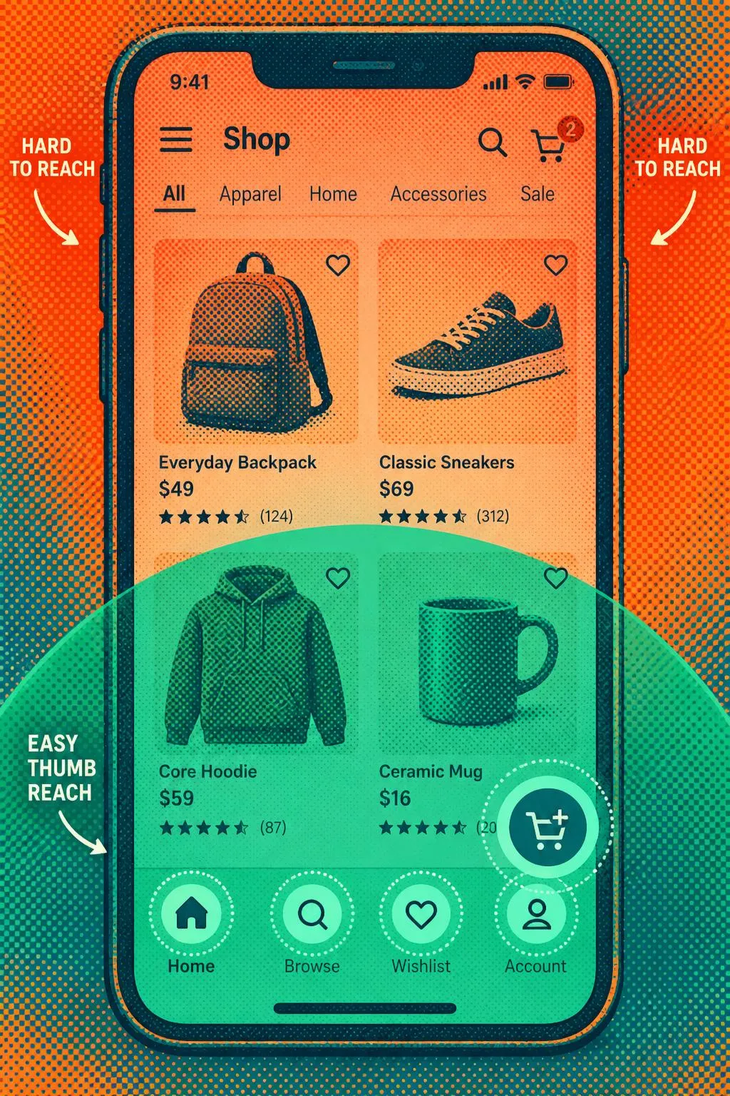 Mobile ecommerce design showing easy thumb-reach zones for shopping navigation and cart controls