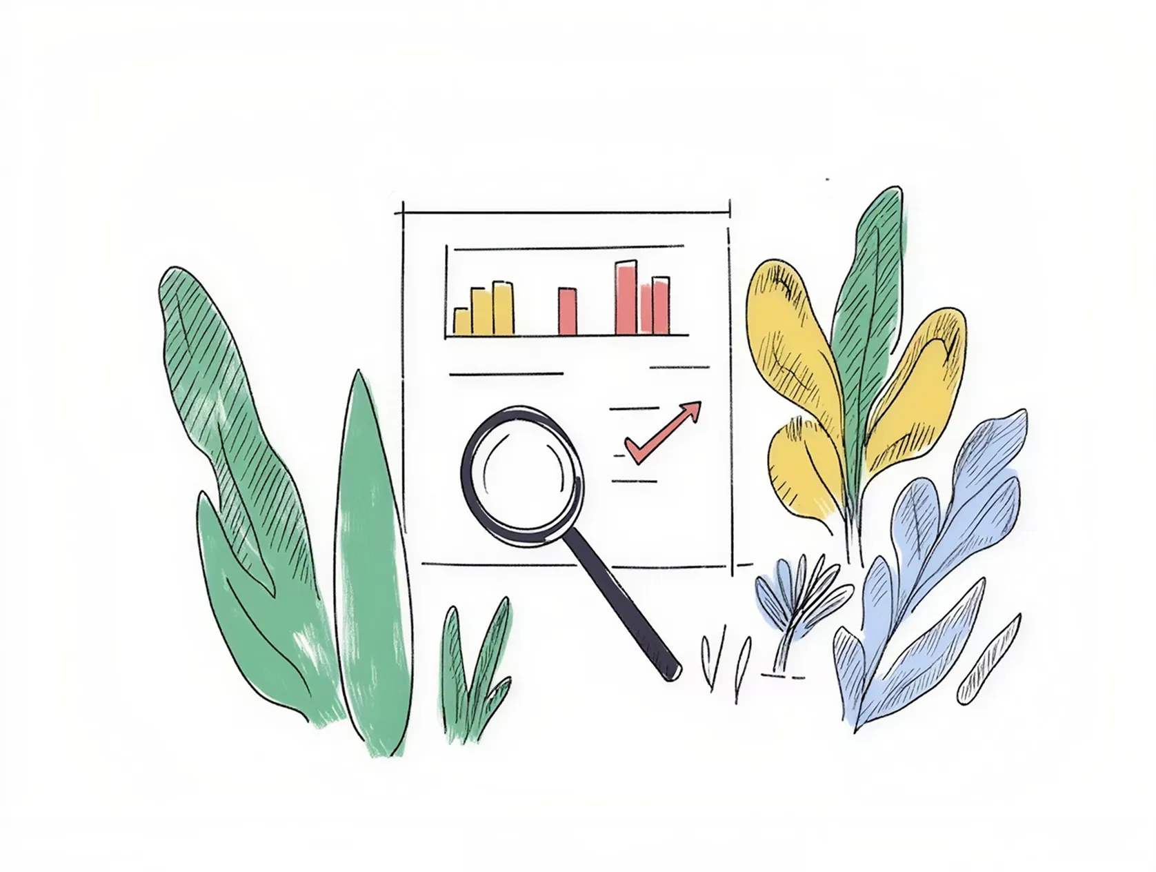 Magnifying glass and analytics charts illustrating ecommerce redesign performance measurement